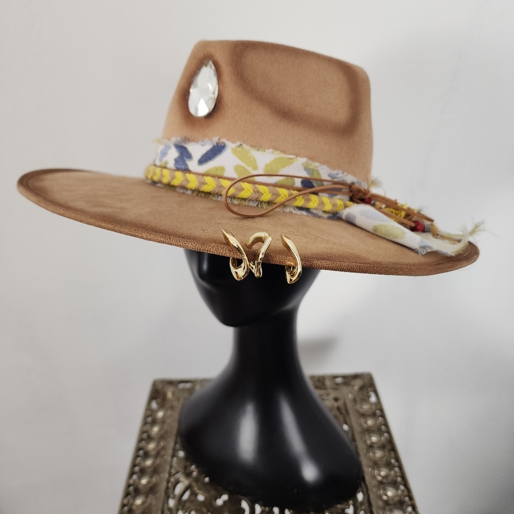 Light Tan Faux Suede Sun Hat with Crystal Gem and Fabric Band